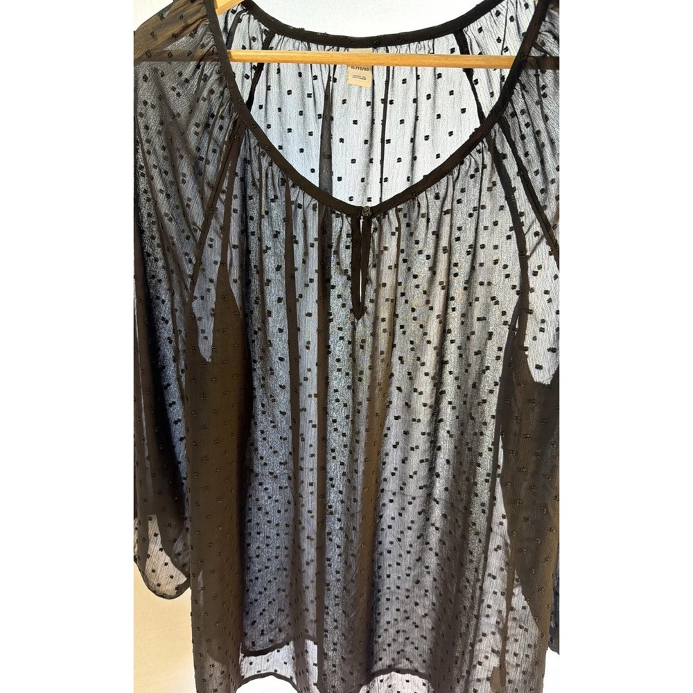 Women's Black Swiss Dot Blouse Balloon Sleeve Sheer Peasant Top Camisole Size XL